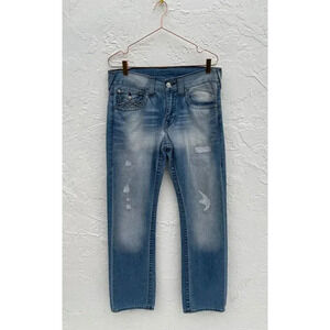 True Religion Mens Distressed Straight Cut Denim Jeans Light Blue Size 32